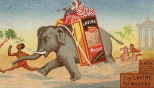 Elefante che corre con una scatola di sapone da bucato da American School
