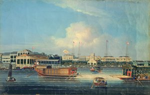 Fabbriche a Canton, dal porto, Cina, 1850