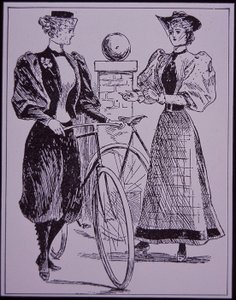 Costume da ciclismo femminile, che mostra una ragazza in pantaloni alla zuava, New York, USA da American School