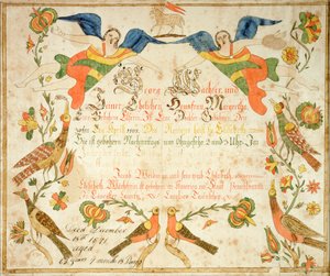 Fraktur per il certificato di nascita e battesimo di Elizabeth Wachter (1808-71) 1808 (inchiostro e acquerello su carta) da American School