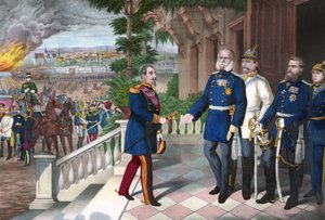 Guerra franco-prussiana 1870-1871: La resa di Napoleone III dopo la battaglia di Sedan, 2 settembre 1870. Incisione a colori, americana, c1871 - Guerra del 1870: Napoleone III (1808-1873) prigioniero dopo la battaglia di Sedan incontra Guglielmo I di Pruss