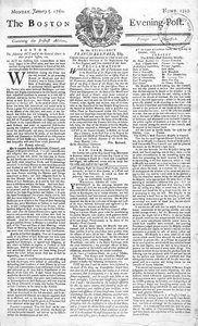 Prima pagina del Boston Evening Post che annuncia la morte di Re Giorgio II (1683-1760), 5 gennaio 1761