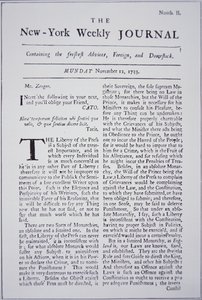Prima pagina del New-York Weekly Journal che discute la libertà di stampa da American School