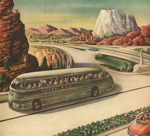 Autobus passeggeri futuristico che viaggia su un