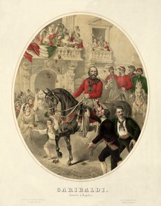 Garibaldi, entrata a Napoli, pub. 1860 (incisione colorata a mano)