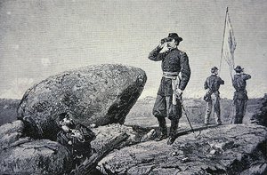 Generale G.K. Warren alla stazione di segnalazione su Little Round Top, Battaglia di Gettysburg da American School