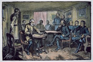 Il generale Robert E. Lee (1807-70) si arrende al generale Ulysses S. Grant (1822-85) al tribunale di Appomattox, 9 aprile 1865 da American School