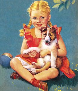 Ragazza con in braccio un cucciolo di collie da American School