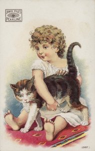 Ragazza che gioca con un gatto sul tappeto da American School