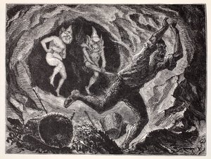 Gnomi che terrorizzano un minatore, da La guida mondiale a gnomi, fate, elfi e altri piccoli esseri di Thomas Keightley, pubblicato nel 1880 da American School