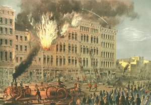 Grande incendio su Lake Street, da Chicago Illustrated, con descrizioni letterarie di James W. Sheahan, pubblicato da Jevne & Almini, Chicago da American School