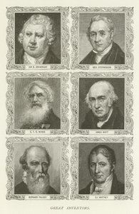 Grandi inventori, Sir R Arkwright, George Stephenson, S F B Morse, James Watt, Bernard Palissy, Eli Whitney da American School