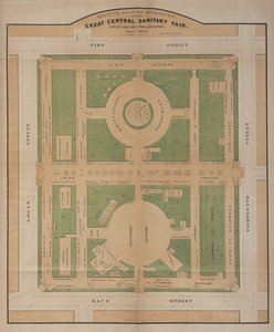 Piantina degli edifici della Grande Fiera Sanitaria Centrale, Logan Square, giugno 1864 (litografia a colori) da American School