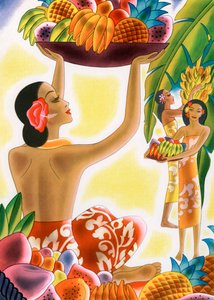 Donne hawaiane che raccolgono frutta