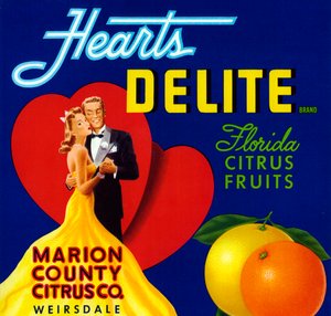 Etichetta della cassa di frutta Hearts Delite, c.1920