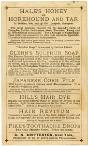 Hills Hair & Whisker Dye, Best Ever Invented, C.N. Crittenton, Proprietario, New York, verso della carta commerciale da American School