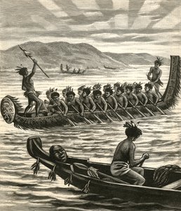 Illustrazione di guerrieri Maori in canoa da American School