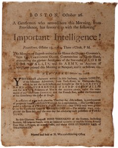 Intelligenza importante! (annuncio della resa di Cornwallis a Yorktown), piccolo manifesto stampato da M. Willis, Boston, 26 ottobre 1781 da American School