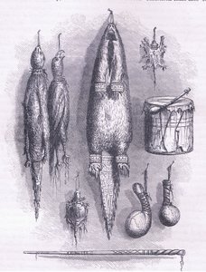 Borsa medica indiana, fischietto misterioso, battaglie e tamburo 1661, illustrazione da Cassell