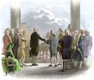 Investitura di George Washington (1732-1799) (incisione a colori) da American School