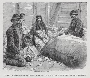 Insediamento di raccoglitori di stracci italiani in un vicolo di Mulberry Street (litografia) da American School