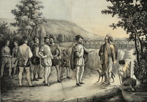 Jacques Cartier, il suo primo incontro con gli indiani a Hochelaga ora Montreal nel 1535, c.1850 da American School