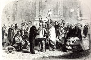 James Buchanan, Presidente degli Stati Uniti, che induce le tribù ostili dei Pawnee e dei Ponca a stringersi la mano, 1858 da American School