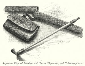 Pipa giapponese di bambù e ottone, custodia per pipa e borsa per tabacco (incisione) da American School