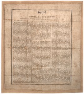 Primo discorso inaugurale di Jefferson, stampato da Pechin, Baltimora, 4 marzo 1801 da American School
