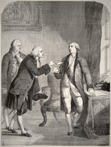 John Adams (1735-1826) come primo ambasciatore americano alla corte inglese, presenta le sue credenziali a Re Giorgio III (1738-1820) da American School