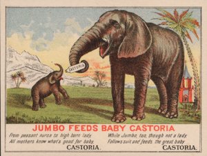 Jumbo nutre il bambino Castoria, pubblicità per la medicina Castoria di Fletcher, con il famoso elefante del circo di P.T. Barnum da American School