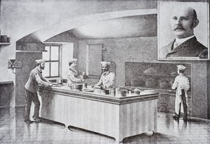 Cucina della Casa Bianca negli anni 1890, con ritratto inserito di Hugo Ziemann da American School