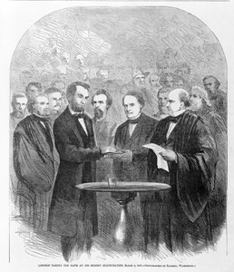 Lincoln che presta giuramento alla sua seconda inaugurazione, 4 marzo 1865, pubblicato 1865 da American School