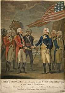 Lord Cornwallis che consegna la sua spada al Gen. Washington a York Town da American School