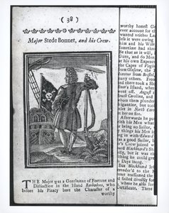 Maggiore Stepe Bonnet, pagina 38 da Storie e Vite di Tutti i Più Noti Pirati e delle loro Ciurme, Londra, 1725 da American School