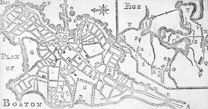 Mappa di Boston, stampata in Bickerstaffs Albany Almanack, 1776