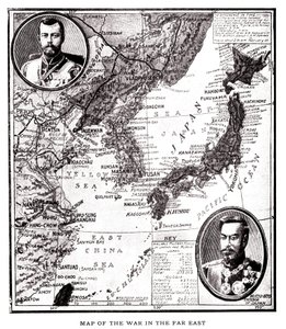 Mappa della Russia orientale, Corea e Giappone durante il conflitto russo-giapponese (1904-1905). In medaglione, lo zar Nicola II di Russia (1868-1918) e l