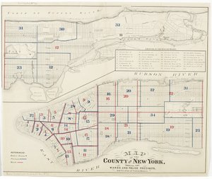 Mappa della Contea di New York, che mostra i distretti e le circoscrizioni di polizia, e la posizione delle stazioni di polizia da American School