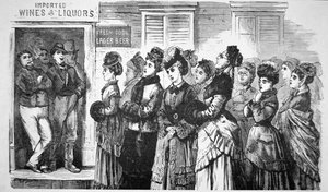 Membri della National Christian Temperance Union che cantano inni e pregano per le anime perdute in un saloon da American School