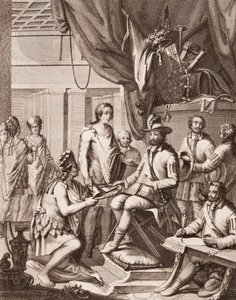 Montezuma che consegna il suo impero al Re di Spagna, dandogli un tributo e promettendo obbedienza, da Antonio de Solis y Rivadeneira Solis Storia della Conquista del Messico, inciso da Ximeno