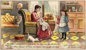 Madre che cuce un vestito per sua figlia da American School