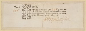 Biglietto della lotteria Mountain Road, firmato da George Washington (1732-99) 1768 da American School