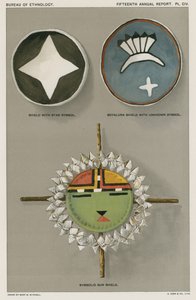 Scudi dei nativi americani - scudo con simbolo a stella, scudo Soyaluna con simbolo sconosciuto, scudo solare simbolico da American School