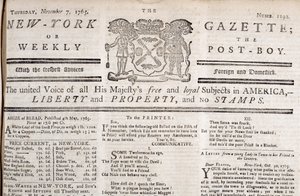 Testata della New York Gazette che dichiara la sua opposizione ai francobolli, stampata il 7 novembre 1765