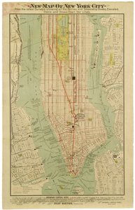 Nuova mappa della città di New York dagli ultimi sondaggi che mostra tutti i traghetti e i moli delle navi a vapore, elevati, metropolitane elettriche e linee di tram trasversali da American School