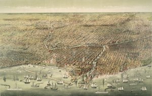Veduta panoramica della città di Chicago, pub. 1892 (litografia a colori) da American School