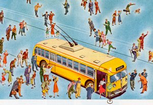 Pedoni che salgono su un autobus cittadino da American School