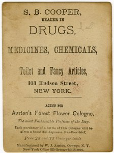 Profumato con la colonia Austens Forest Flower; S.B, Cooper, commerciante di droghe? [carta commerciale verso] da American School