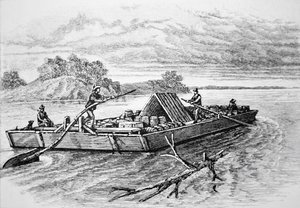 Barca piatta dei pionieri sul fiume Mississippi, c. 1840 (incisione) da American School