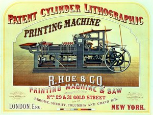 Poster pubblicitario della macchina da stampa litografica a cilindro brevettata, R. Hoe & Co., Londra e New York